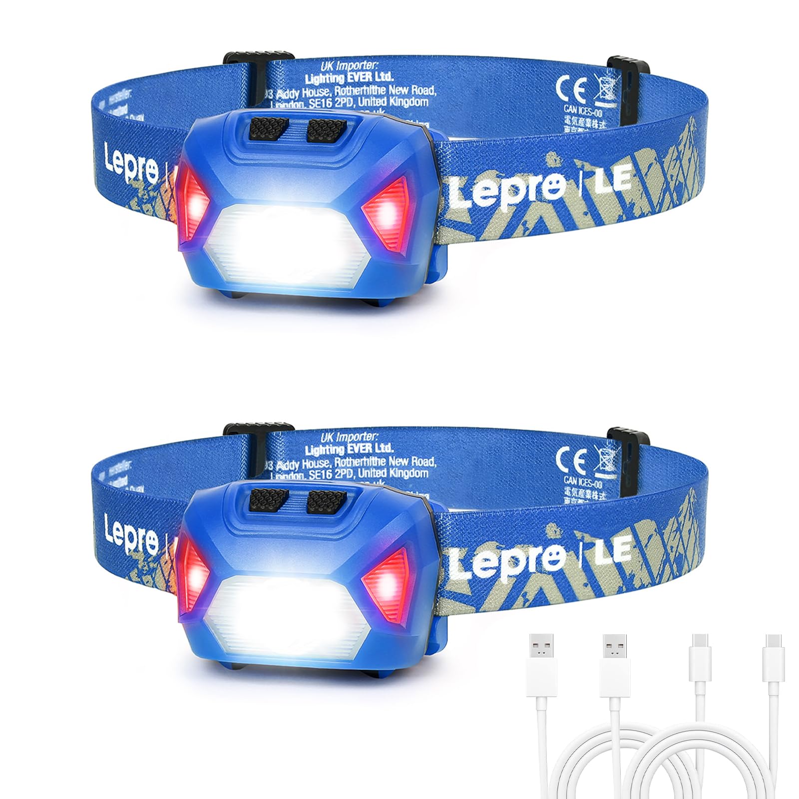 

Lepro Rechargeable 300 Lumens LED Set of 2 Red Hours of IPX4 Ideal for Night Outdoor and Power Compact and Lightweight USB-C Headlamp, High-Brightness синий