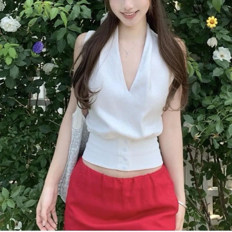 Women s Halter V-Neck Fitted Cropped Sleeveless Top S белый