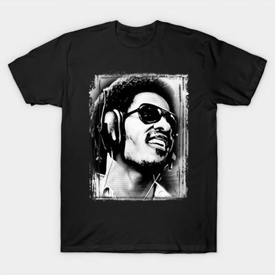 T-shirt Stevie Wonder Idol de la Musique Vintage Motif Noir et Blanc Manches Courtes Col Rond Confort Toutes Saisons Imprimé