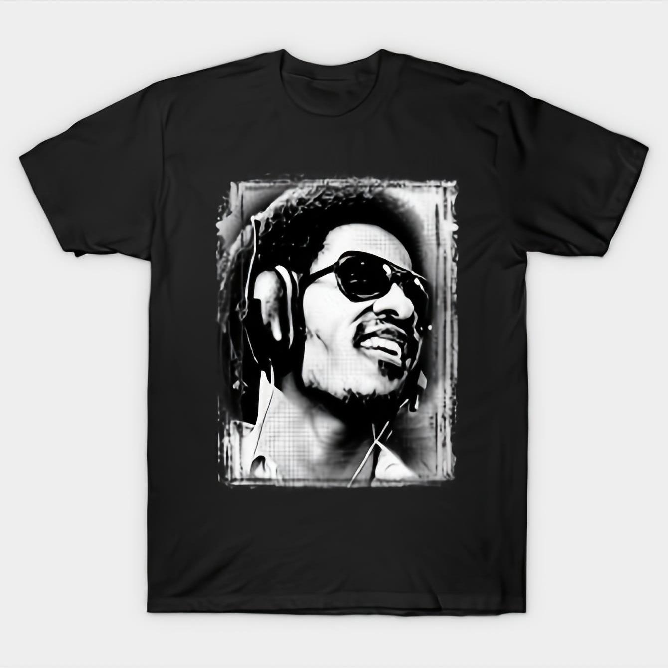 

Stevie Wonder Vintage Music Idol T-Shirt Black and White Pattern Short Sleeve Crew Neck All Season Comfort Print S