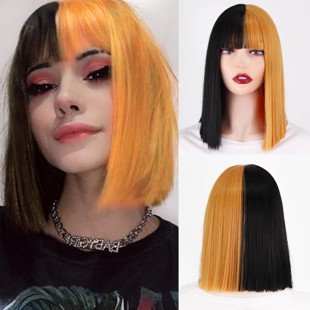 MISS WIG Short Bob Synthetic Wigs with Bangs for Women Wigs Blonde Black Blue Fiber Natural Hair for Lolita Cosplay Party Daily Use