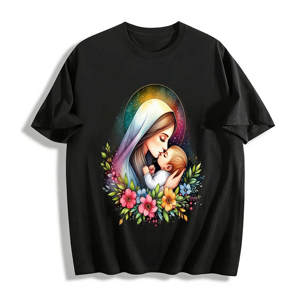 

Virgin Mary Baby Jesus Warm Print Casual Top Pure cotton T-shirt XXS