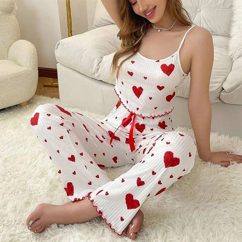 Women's Two-Piece Ice Silk Ribbed Sexy Printed Vest and Bow Decoration Long Pants Home Casual Women's Sleepwear Set