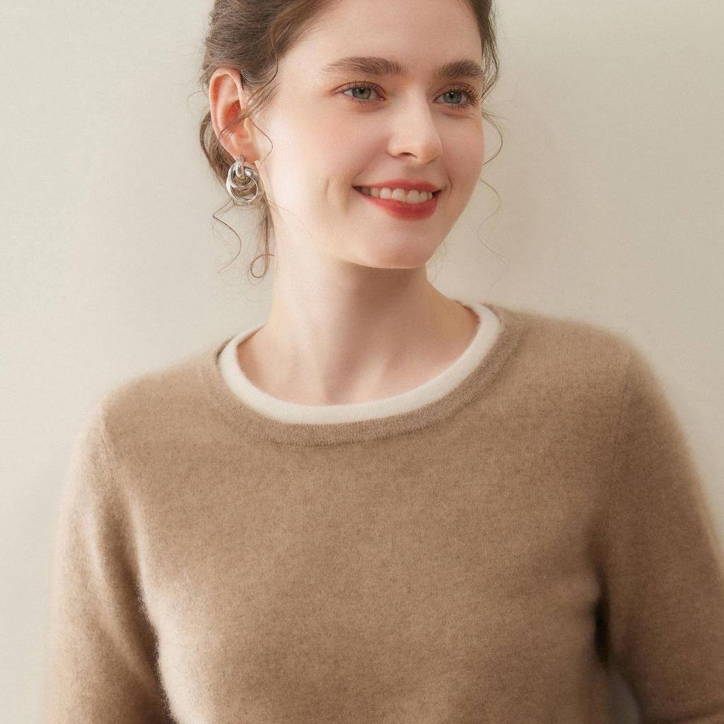 2025 Autumn/Winter Women's Cashmere Color Block Round Neck Loose Sweater Pullover