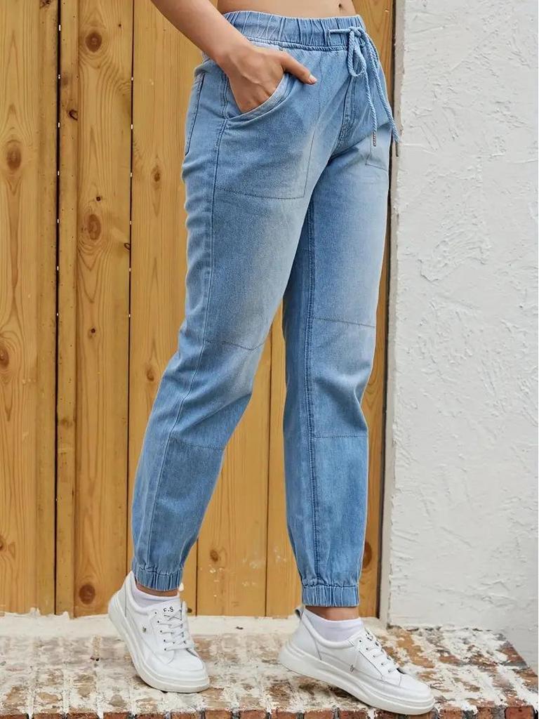 Women's Casual Light Blue Elastic Waist Denim Pants