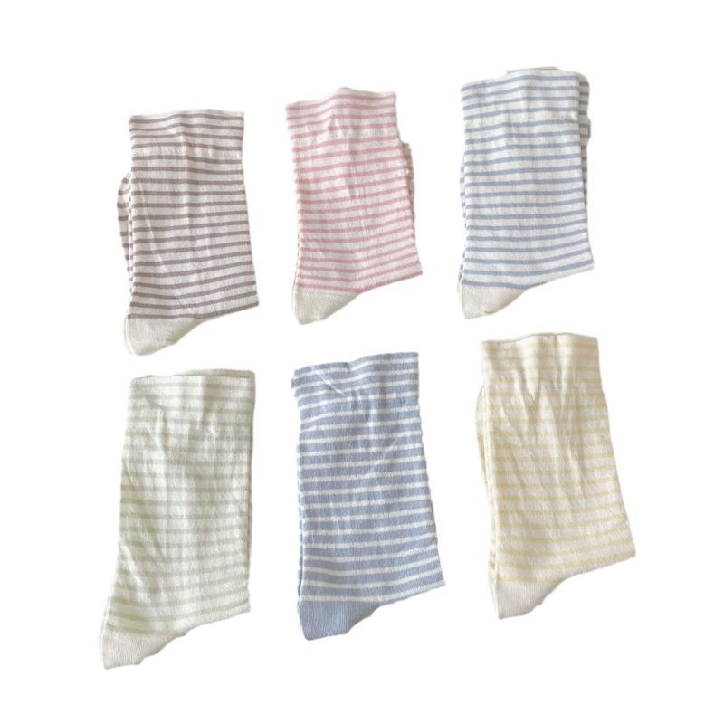 Women's Cream Striped Mid-Calf Socks: Simple, Thin, and Trendy Korean Style for Spring/Summer