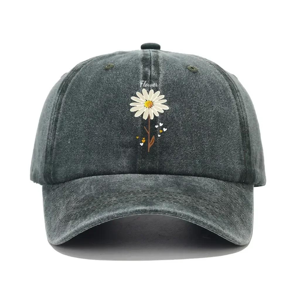 Flower Print Washed Distressed Dad Hats WoUnisex Cotton Baseball Cap Outdoor Fashion Sun Hat Adjustable Curved Brim Sports Caps