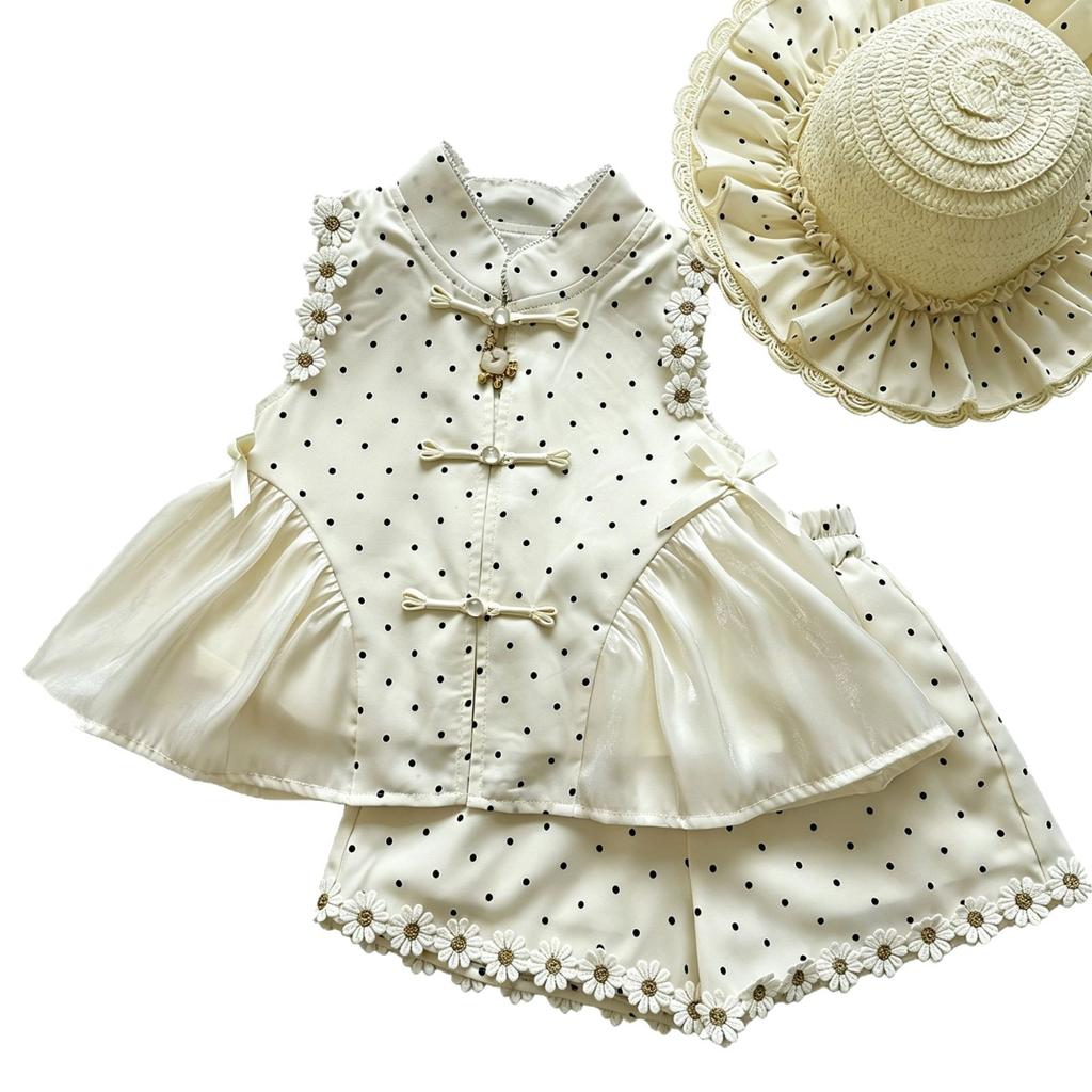 Girls New Chinese Polka Dot Stand Collar Frog Button Sheer Top And Daisy Ruffle Shorts Two Piece Summer Outfit Set