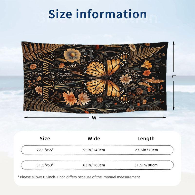 Butterfly Flowers Garden Theme Quick Dry Beach Towel Custom Name Text Print Large Sand Resistant Towel Beach Vacation