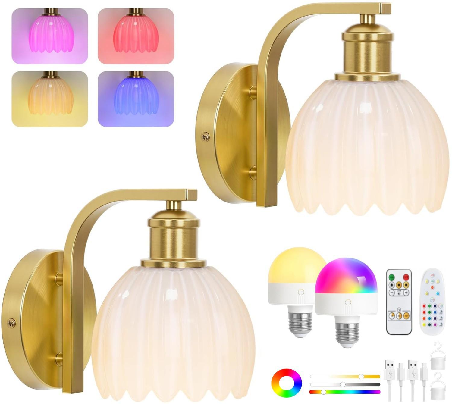 

Настенный светильник Тюльпан из стекла RGB: Перезаряжаемый беспроводной прикроватный и гостиничный светильник Gold + Milky White Glass Shade - Single
