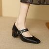 New Women's Medium-heeled Small Leather Shoes, Black Square Head, Four-season Wear, Women's Shoes, Single Shoes, Women's Feet, One Pedal, Beef Tendon