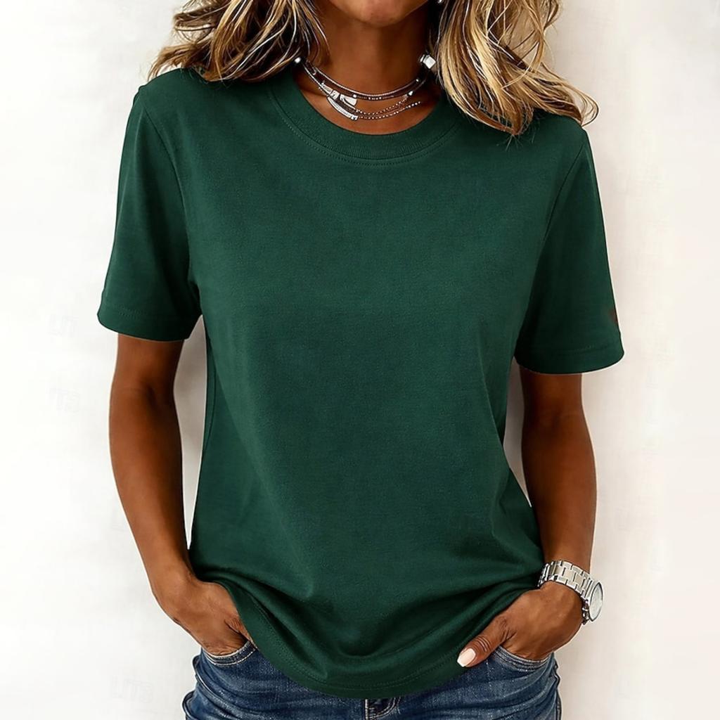 Women Casual Basic Crew Neck Short Sleeve Solid T Shirt Soft Lightweight Relaxed Fit Plain Top for Everyday Wear