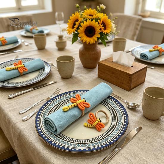 Rustic Dining Table Accessories Dragonfly Napkin Rings, Handmade Holders, Reusable Photo Prop Decor Farmhouse Rings for Home Setting