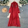 French retro three-dimensional flower embroidery red A-word dress women's autumn long-sleeved thin temperament long dress