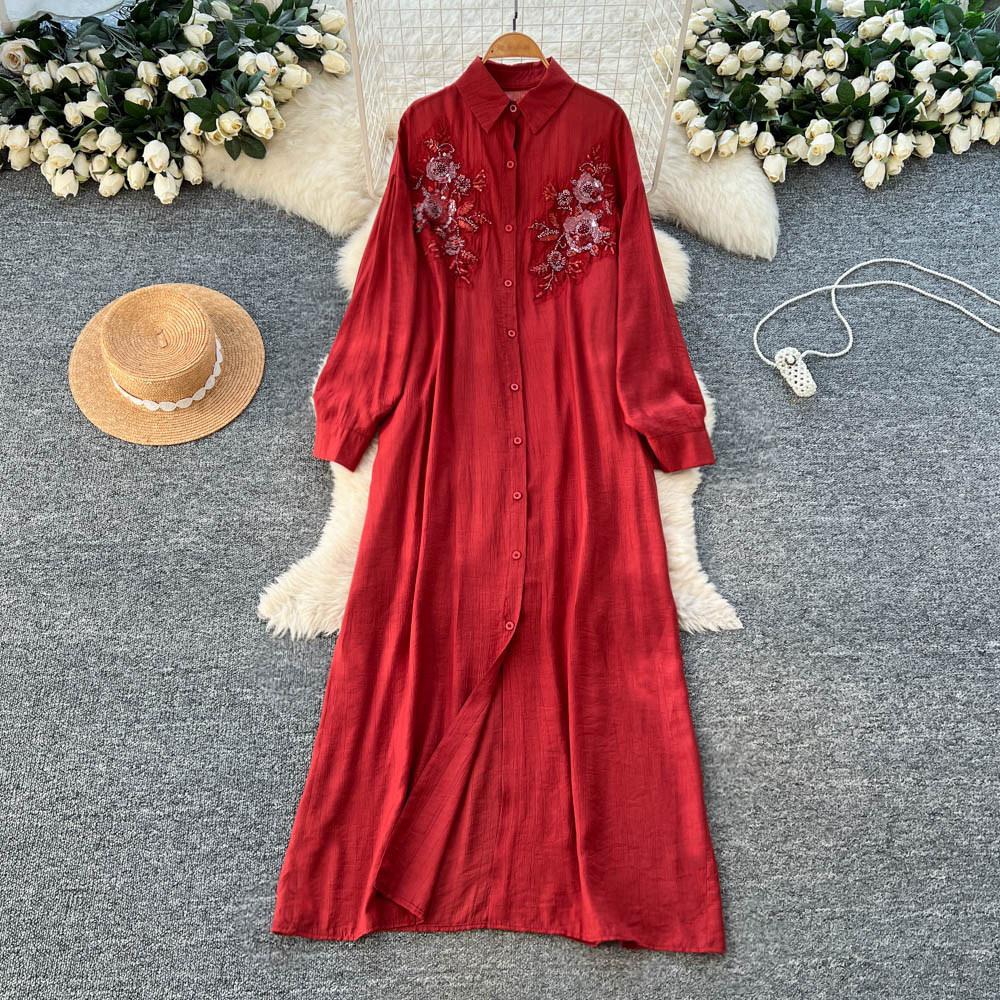 French retro three-dimensional flower embroidery red A-word dress women's autumn long-sleeved thin temperament long dress