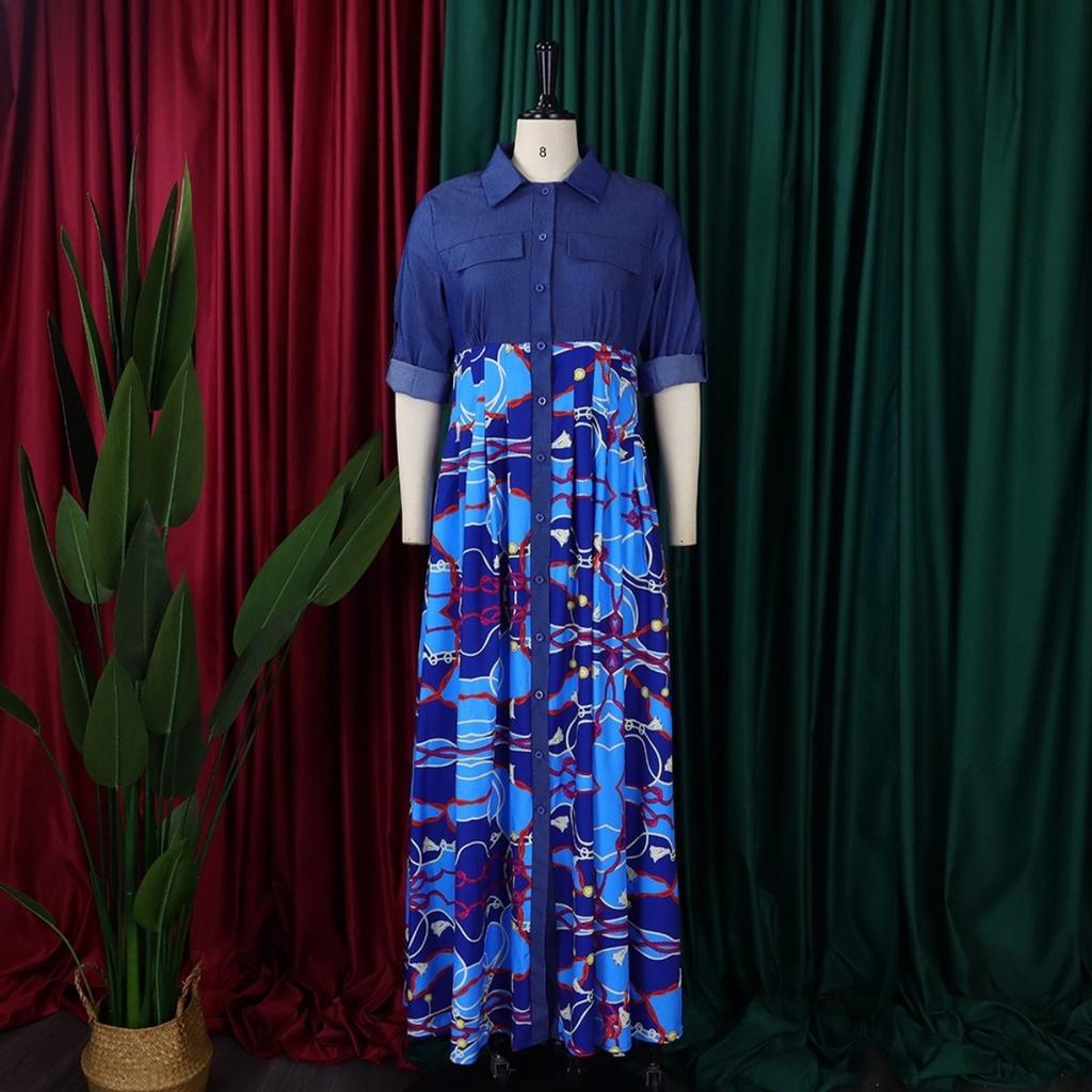 LYRIA Women Long Sleeve Printing Red Blue Long Dress Maxi Dress