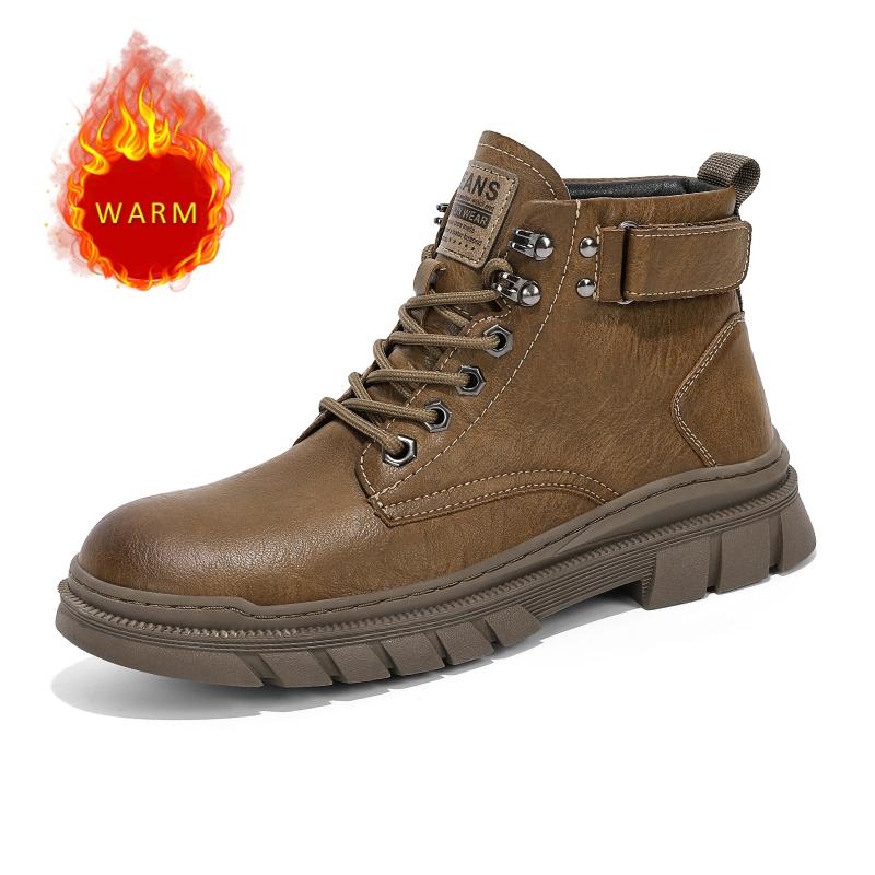 Winter Warm Plush Men's Business Short Boots Fashionable Motorcycle Boots Retro Men's Cotton Shoes Genuine Leather Boots