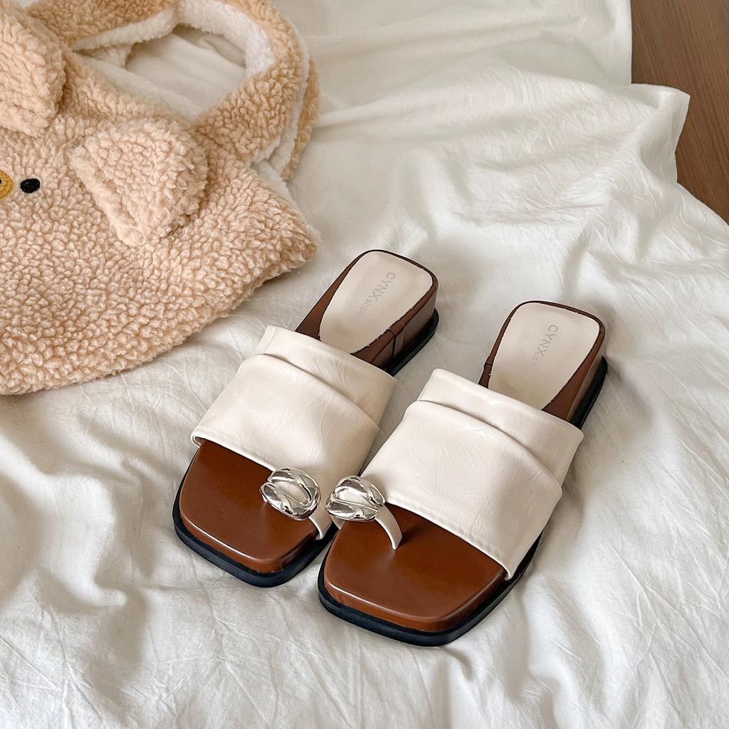 2025 summer retro metal buckle cover toe high heeled slippers fashion outer wear temperament beach toe drag Roman shoes women