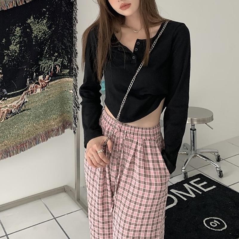 Dámské tričko s dlouhým rukávem na jaro a podzim, slim střih, korejský styl, základní tričko, krátký studentský top