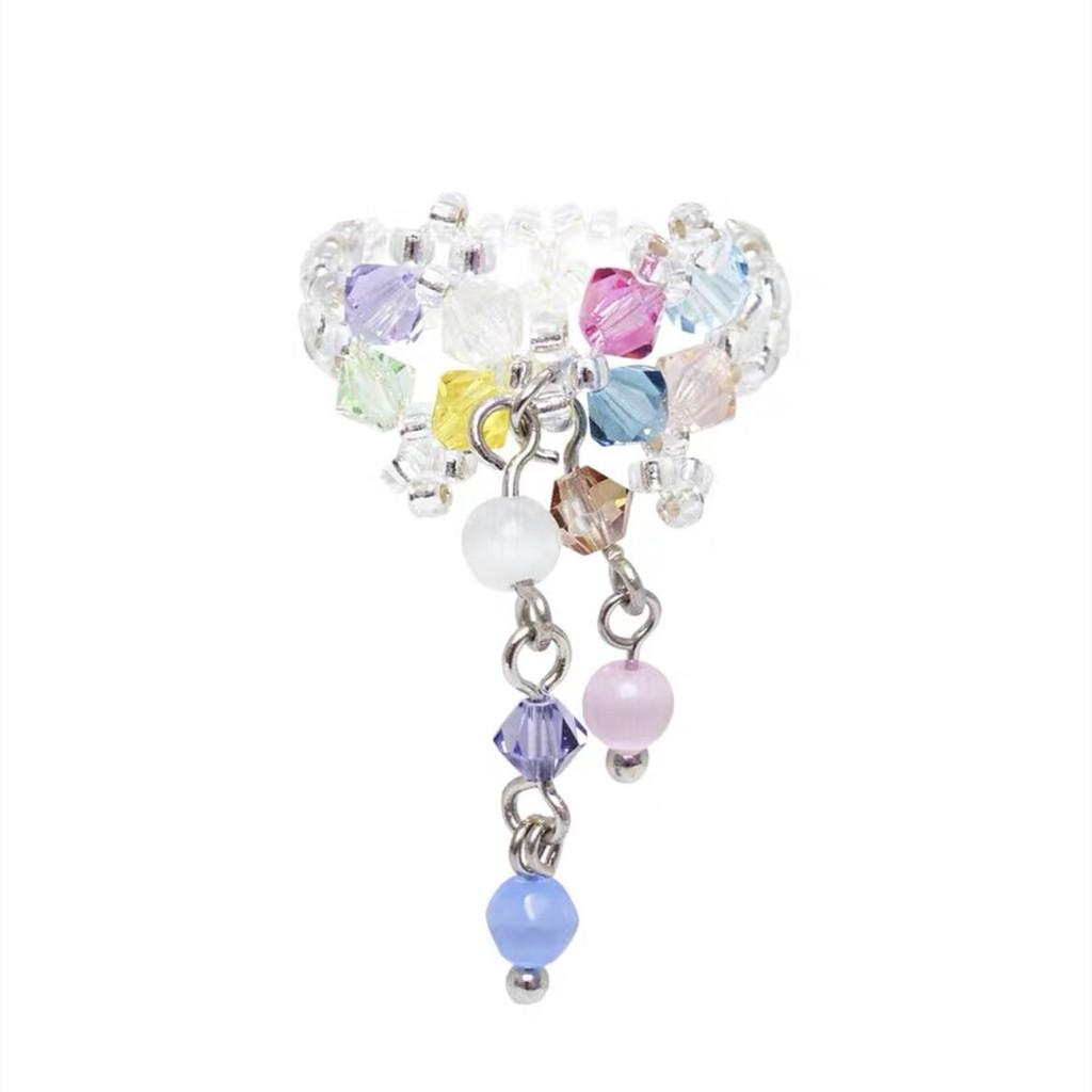 Crystal Colorful Cute Ring With Tassel And Flower Design Korean Small Forest Yuxin Style Ins