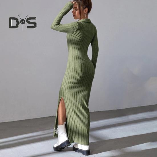 Women Spring Fall Dress V Neck Slit Hem Thread Slim Fit Long Sleeves Ankle Length Knitted Elastic Maxi Dress Shopping Dating Party Dress