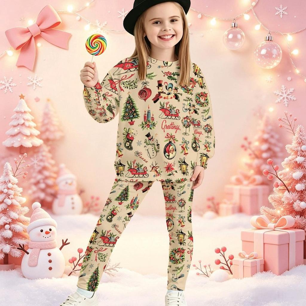 Girls' Xmas Tree Casual Comfortable Soft Loose Pullover Sweatshirt and Leggings 2-Piece Set, New Autumn/Winter, Playful, Sweet and Cool Style