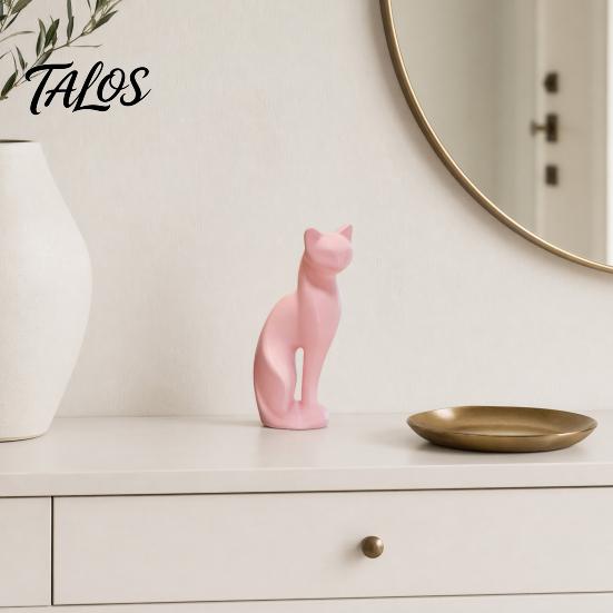 Nordic Style Cat Decor 3D Printed Kitten Sculpture, Minimalist Ornament Matte Geometric Design, Modern Home Black Pink White Statue in White,
