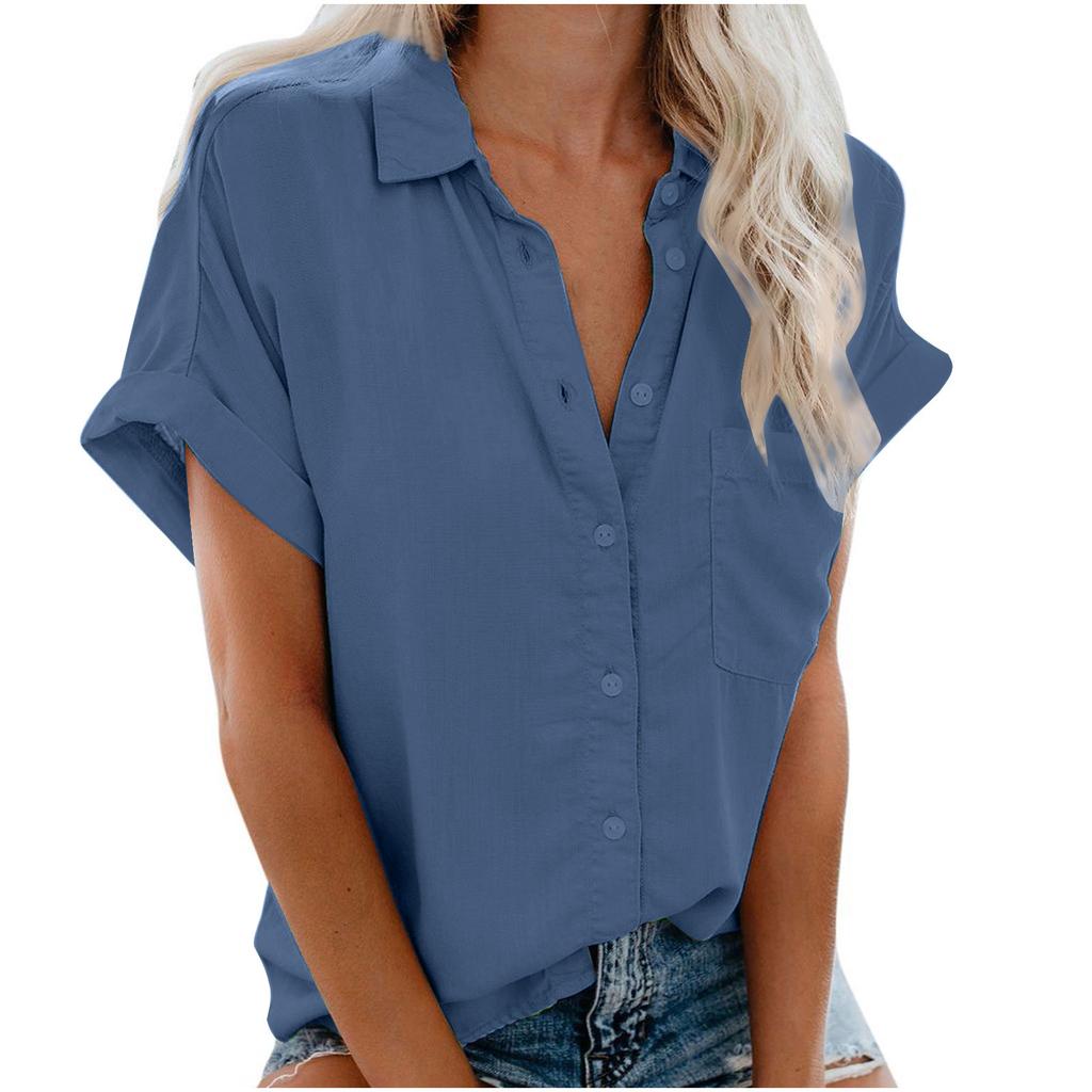 Women's Point Collar Short Sleeve Button Down Shirt Straight Fit Casual Summer Blouse