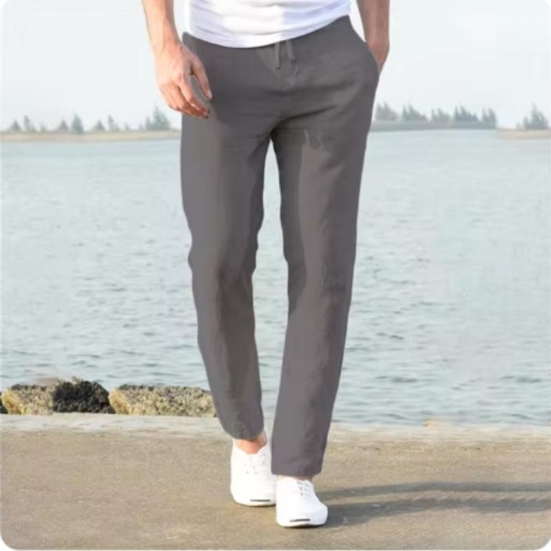 Men's Cotton Linen Long Pants Summer Solid Color Breathable Linen Trousers Male Casual Elastic Waist Casual Pants Harajuku Trous