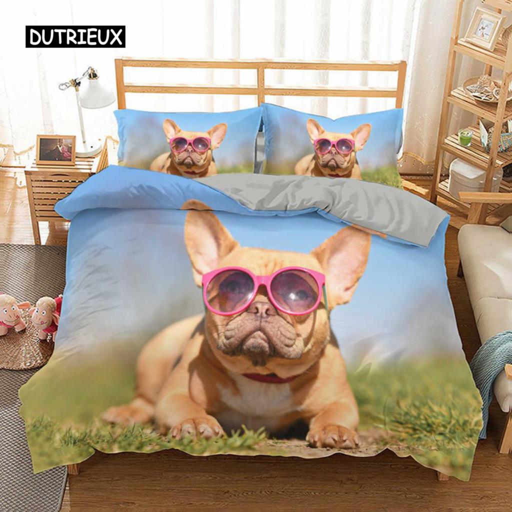 Sett med dynetrekk for fransk bulldog, King size, Søt valp, Dyretema, Sengetøy for barn og tenåringer, Polyester, 2/3 deler, Mykt dynetrekk