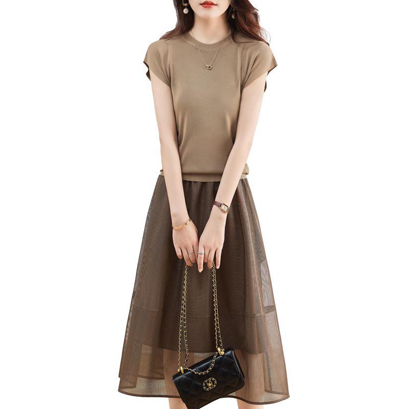 2024 Summer Women's Slim Organza Dress: Ice Silk Knit Waist Two-Piece Set