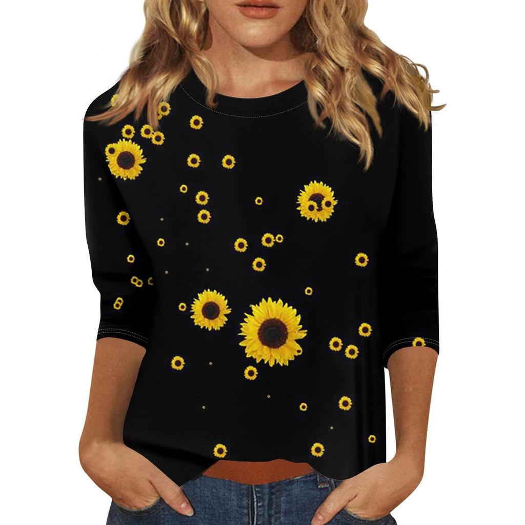 2026 Spring/Summer New Women's Fashion Printed Three-Quarter Sleeve Loose Round Neck Casual T-Shirt Top