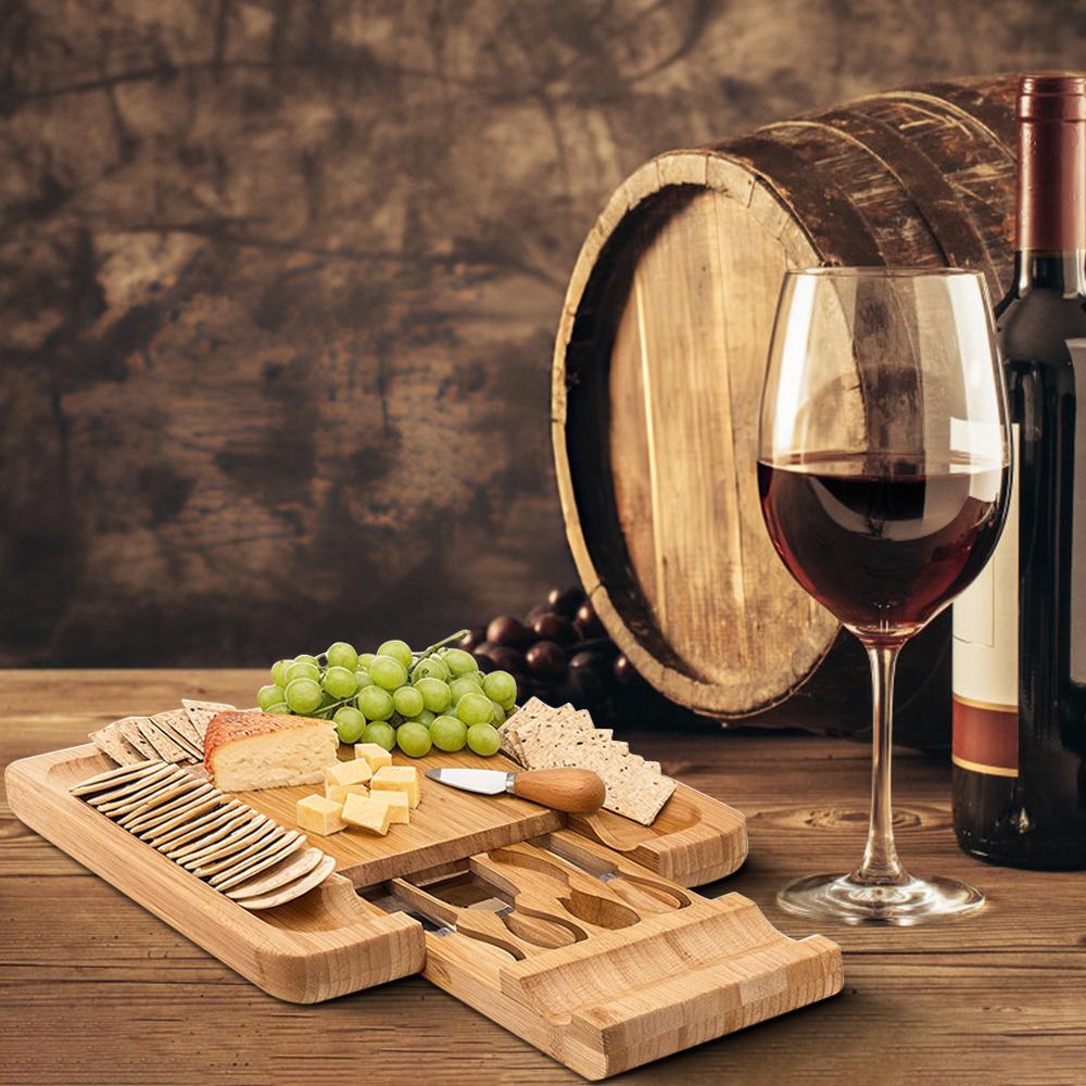 Charcuterie Boards Gift Set with 4 Cheese Knives Large Square Bamboo Cheese Boards with Hidden Utensil Drawer Partition Food Sto