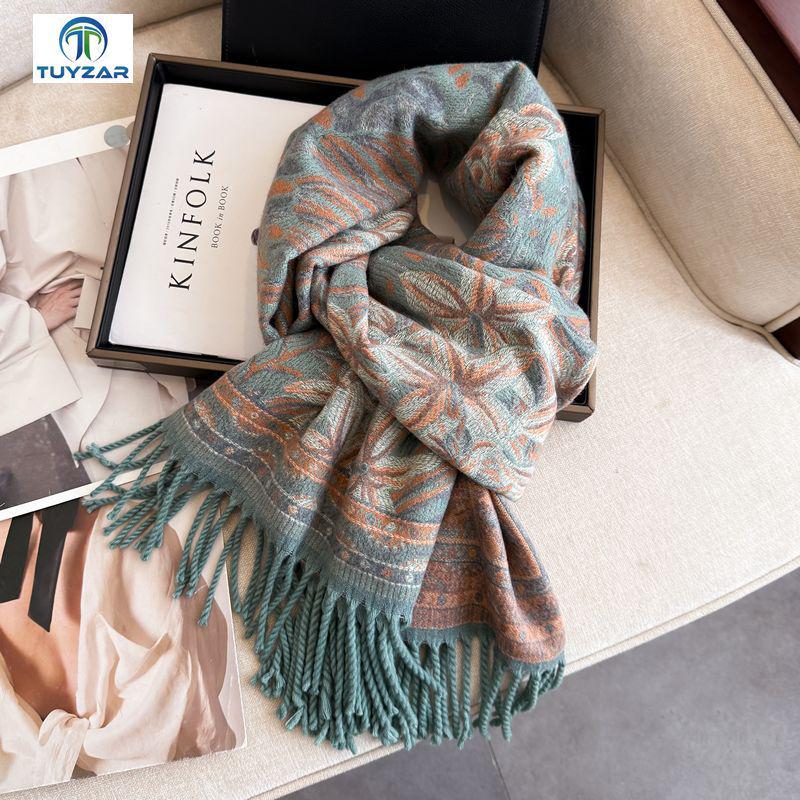 Women's Ethnic Style Double-Sided Jacquard Scarf, 2025 Autumn/Winter Collection: Thick, Warm, Soft Imitation Cashmere Long Snood Shawl.