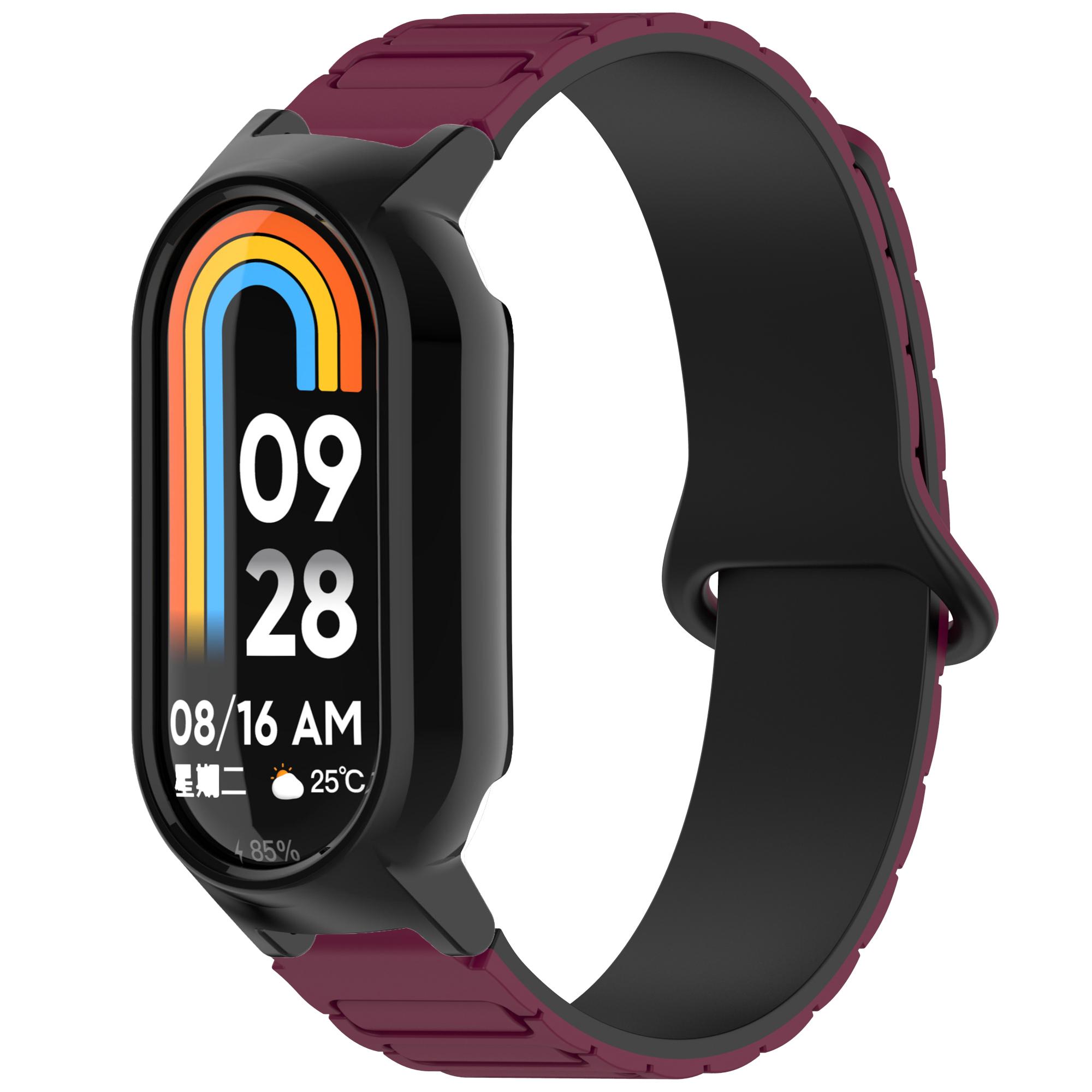 

Magnetic Silicone Strap for Xiaomi Mi Band 9 Ceramic Edition/Smart Band 8 NFC/8 Dual Color Band with PC Watch Frame Wine Red+Black+Black