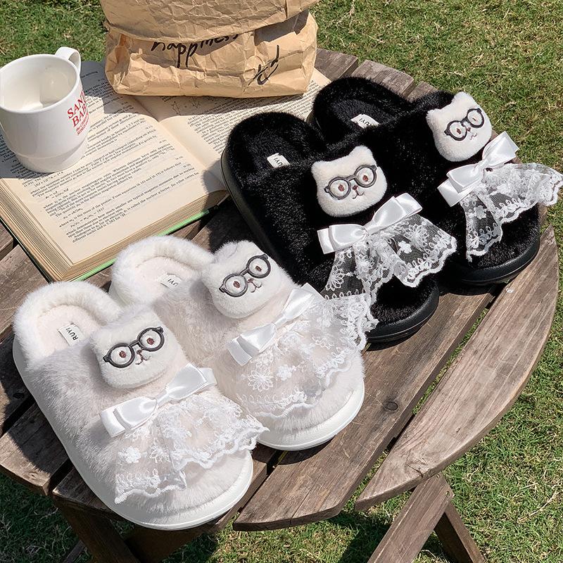 New Cartoon Warm Home Cotton Slippers Lace Bow Winter Non-slip Light Soft Plush Couple Cotton Shoes