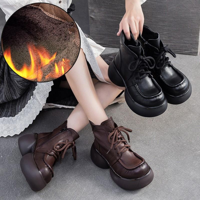 Johnature Botines cortos de felpa de estilo británico retro de cuero genuino con suela gruesa, zapatos de plataforma versátiles para mujer