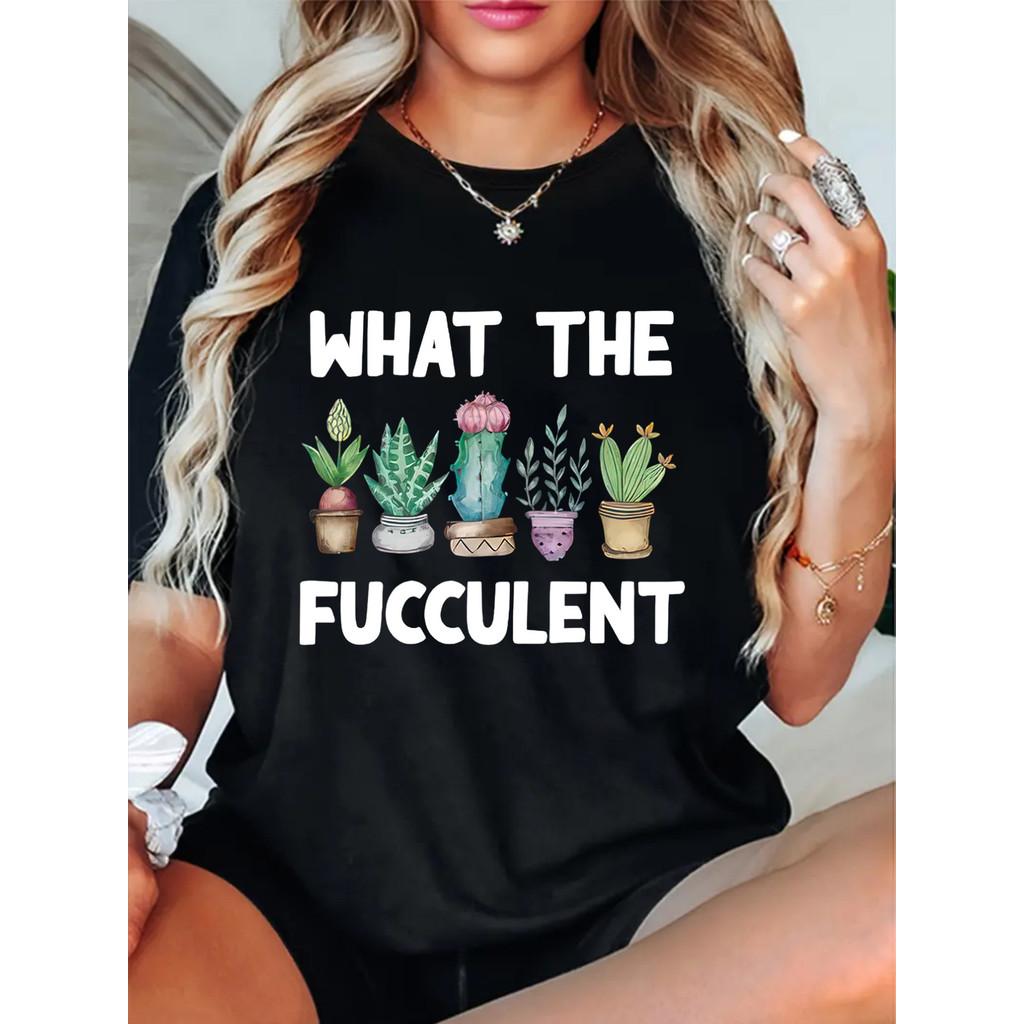 

Cactus print solid color T-shirt, round neck short-sleeved casual top, suitable for summer and spring, women s clothing XXL чорний