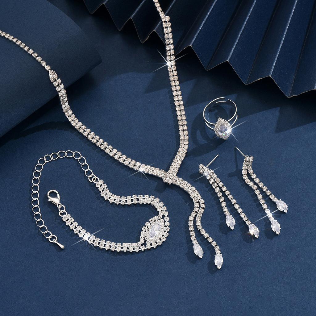 5PC Women's Fashion Tassel Necklace, Earrings, Bracelets, Rings, Zircon Set Suitable for Wedding, Party, Festival Gifts