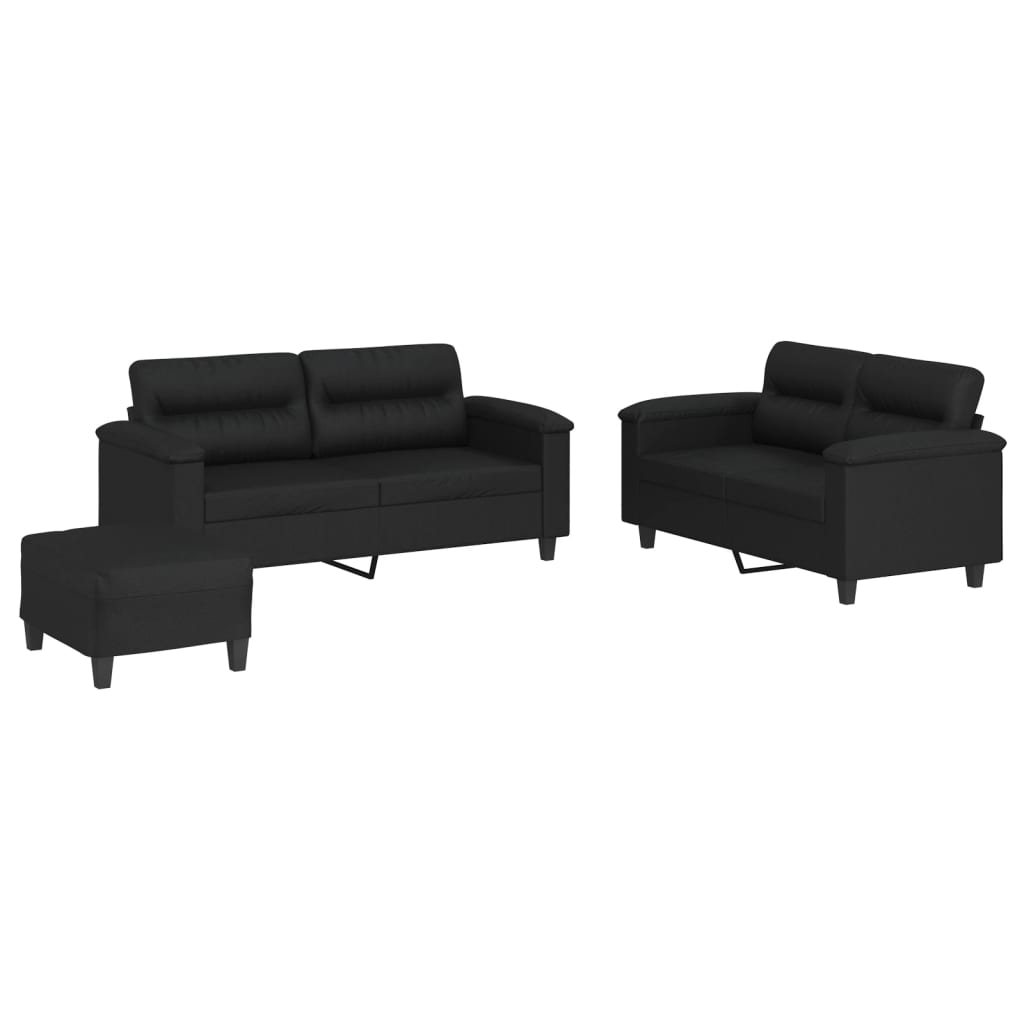 Vidaxl 3-Cz. Sofa Set with Cushions, Black, Faux Leather