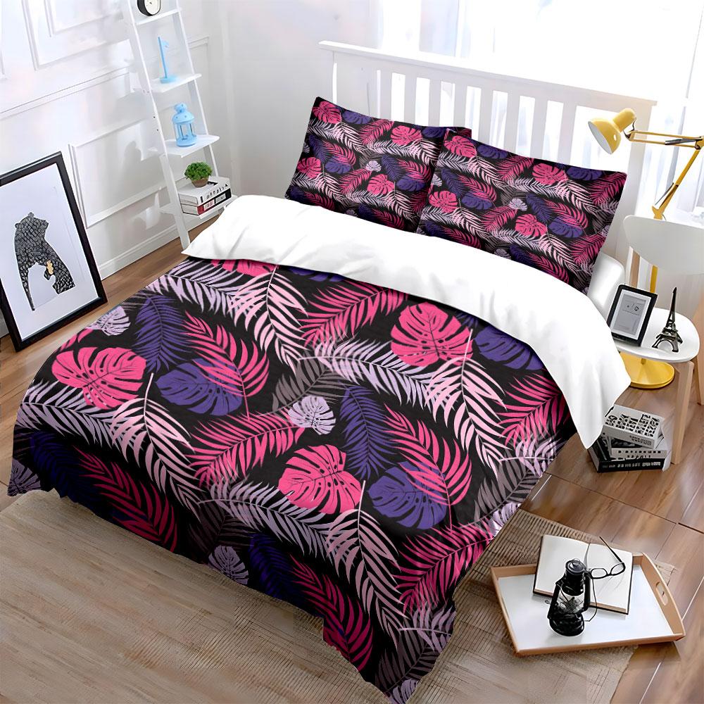 Colorful Tropical Leaf Pattern Bedding Set For Kids Luxury Gift 3Pcs Digital Print Comforter Set Soft Comfortable Breathable