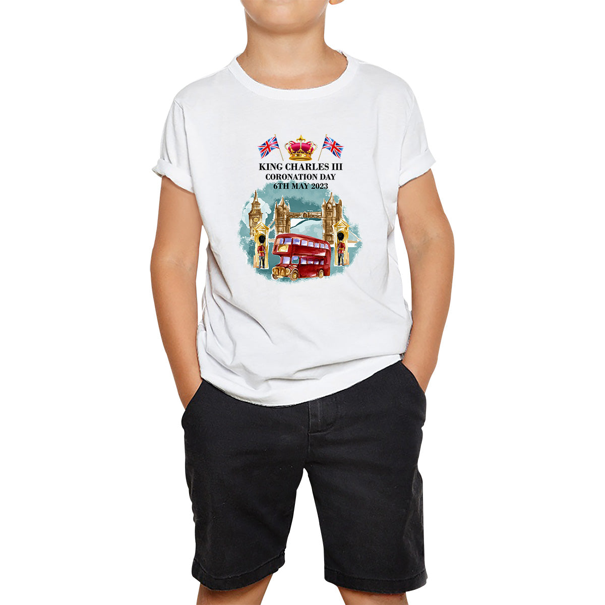 King Charles III Coronation Day 6th May 2023 Great Britain Big Ben Telephone Booth And Red Bus In London England Kids T Shirt 160