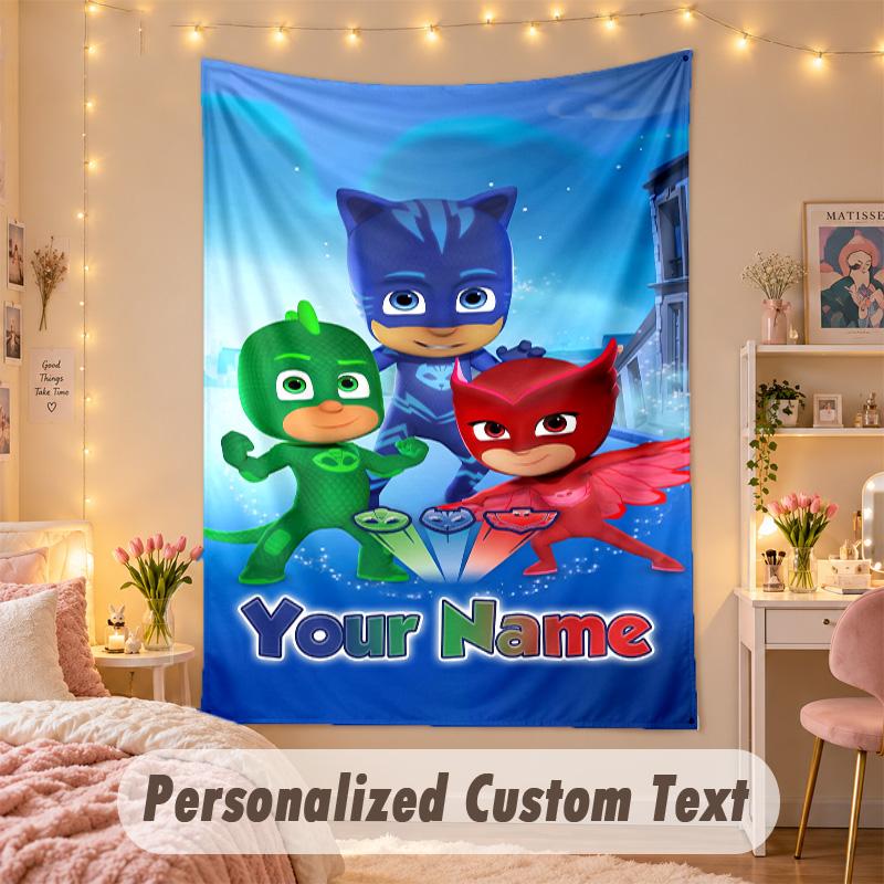 Custom Personalized Tapestry,PJ Mask Print Custom Name Text Wall Art Hanging for Bedroom