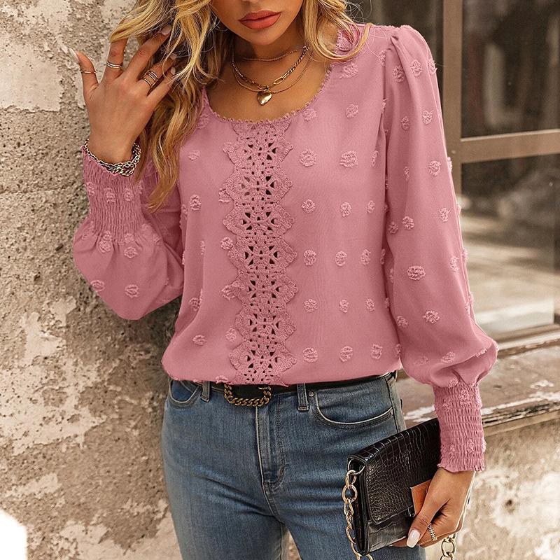 Damska koszulka z okrągłym dekoltem i bufiastymi rękawami, koronkowa, modna koszula o temperamencie