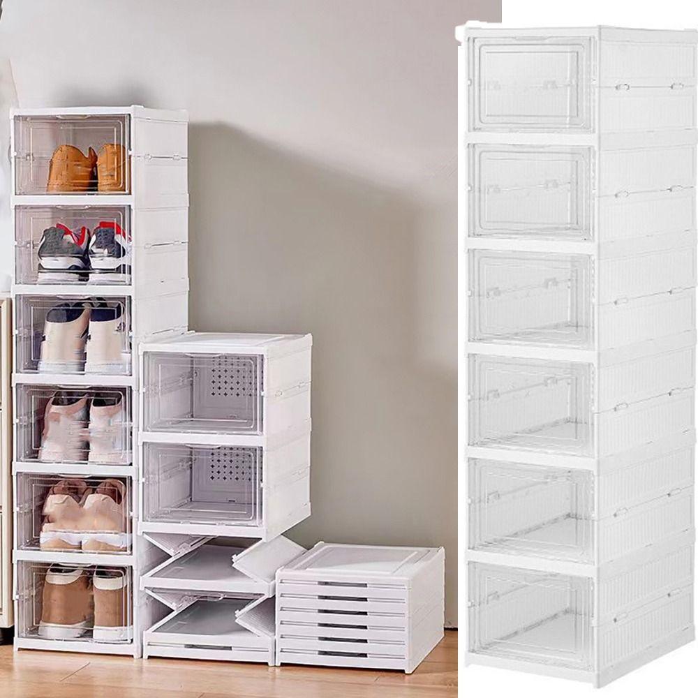 

1/3/6 Layers Foldable Shoe Rack White Transparent Shoe Storage Shelf Shoes Box Home Organizers White-6 layers
