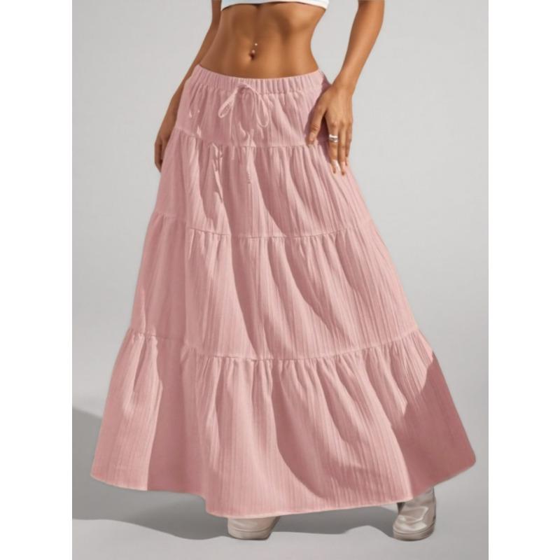 2025 Summer Fashion Lace-up Big Swing Skirt Loose Elegant Casual Simple A-line Ruffled Party Long Skirts Sweet Simple Party Office Clothing