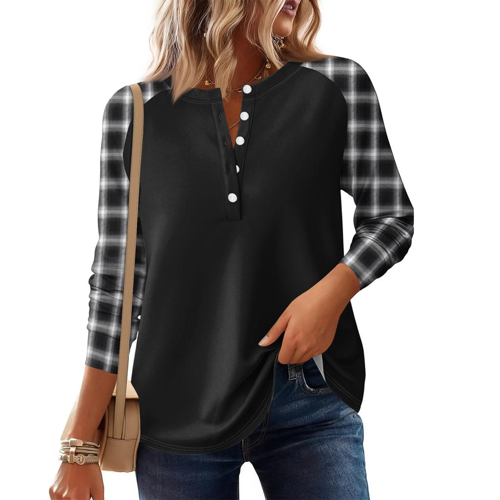 Dámská móda Volný top s dlouhým rukávem a kulatým výstřihem