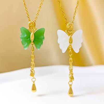 Modern Chinese Hetian Jade Butterfly Tassel Necklace - Elegant Clavicle Chain for Women