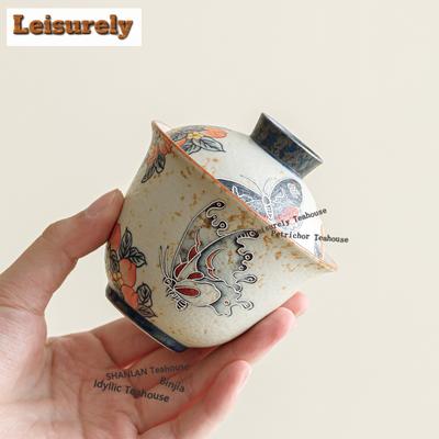 150ml Karamellglasur Pfirsich Schmetterling Gaiwan Traditionelle Teeterrine Teeschale mit Deckel Set Teezubereitung Deckelschale Geschirr Ornament