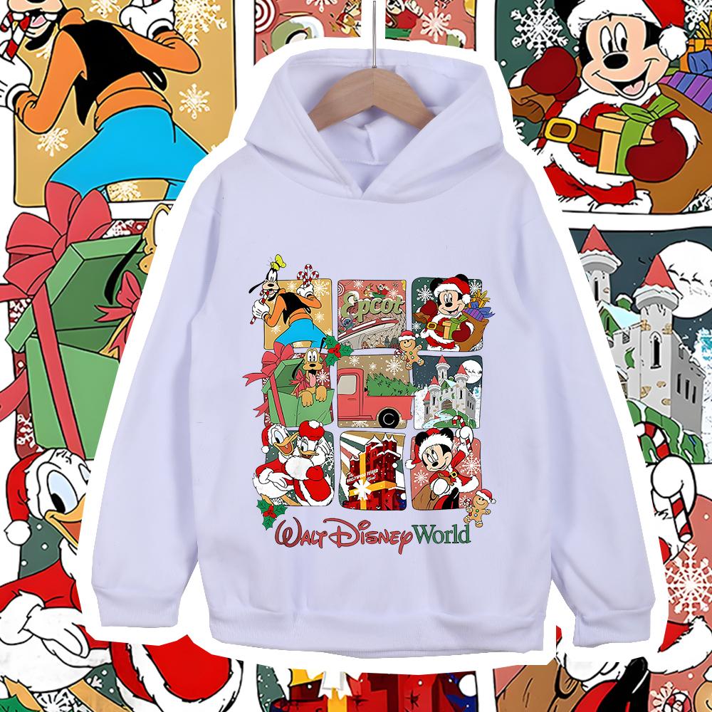 Christmas Disney World Mickey Print Kids Hooded Sweatshirt Fleece Lined Warm Winter Clothes for Boys Girls Children Outerwear